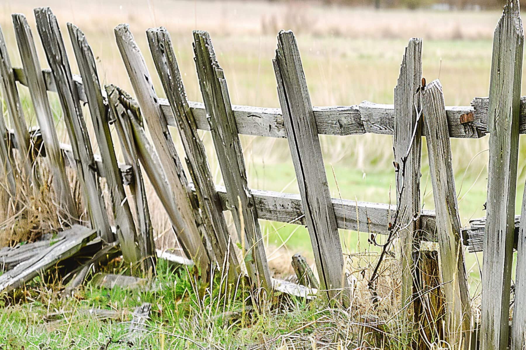 An old wooden fence that has been damaged by the wind