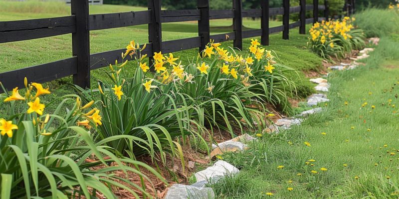 A yellow daylily garden with a stone border along a black wood fence